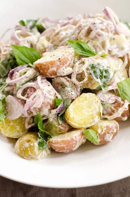 Mixed new potato salad with basil and shallots