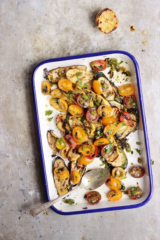 Balsamic Grilled Summer Squash with Lemony Garlic Scape Tomato Salad