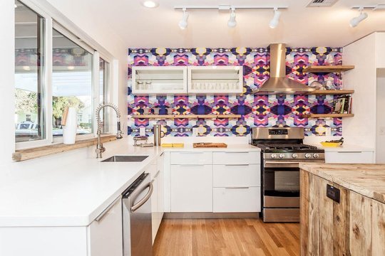 Modern Kitchen with Geometric Wallpaper