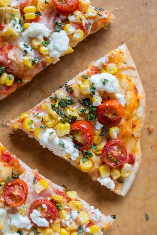 Tomato, Corn and Goat Cheese Pizza