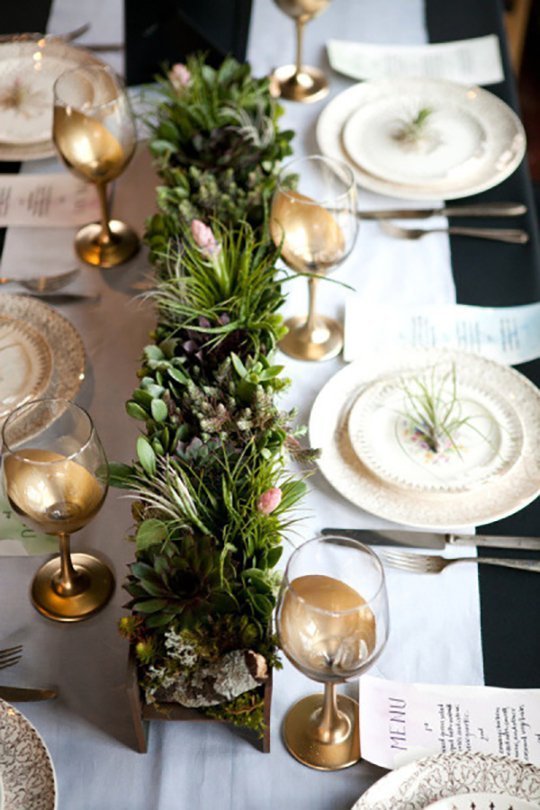 Long wooden planter centerpiece