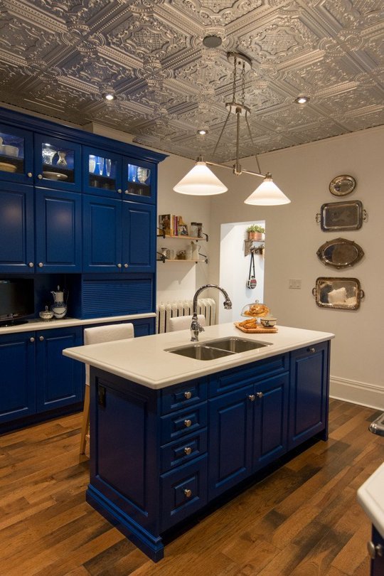 Blue kitchen with tin ceiling